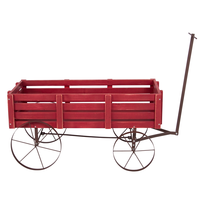 Pemberly Row Transitional Cedar Wood Decorative Wagon Garden Planter in Red