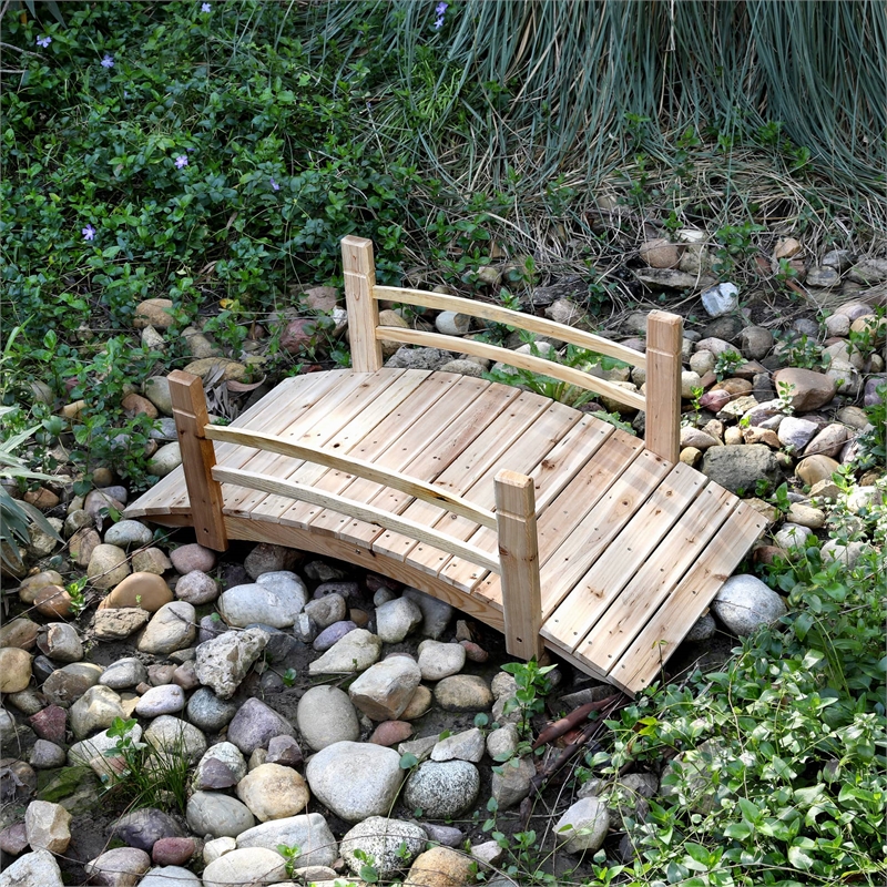 Pemberly Row Cedar Wood Garden Bridge with Handle Rails in Beige