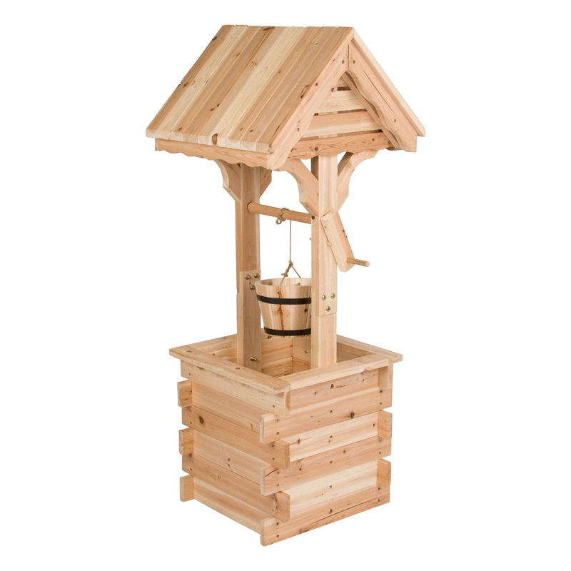Pemberly Row Transitional Cedar Wood Decorative Wishing Well in Beige