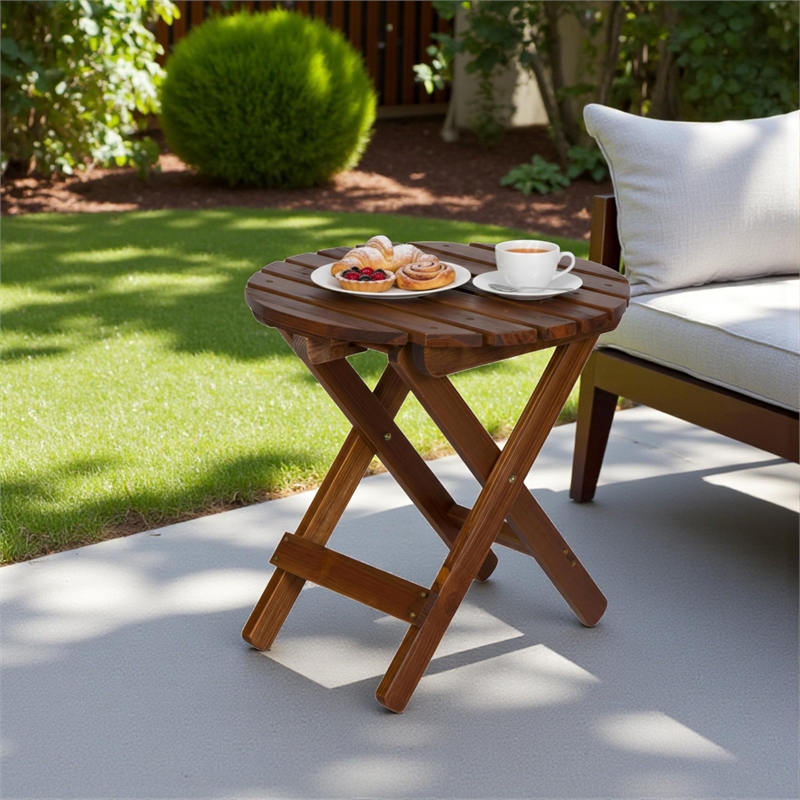 Pemberly Row Adirondack Round Cedar Wood Foldable Side Table in Brown
