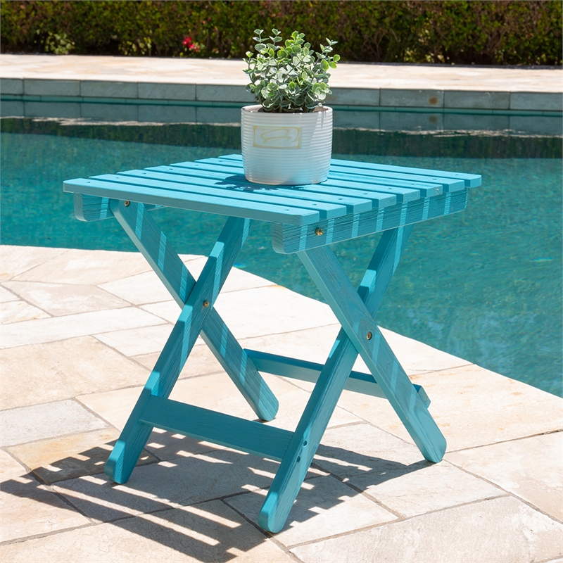 Pemberly Row Adirondack Square Cedar Wood Foldable Side Table in Blue