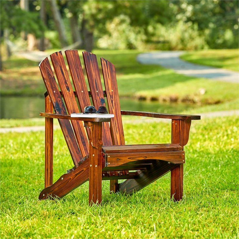Pemberly Row Traditional Cedar Wood Patio Deck Adirondack Chair in Brown