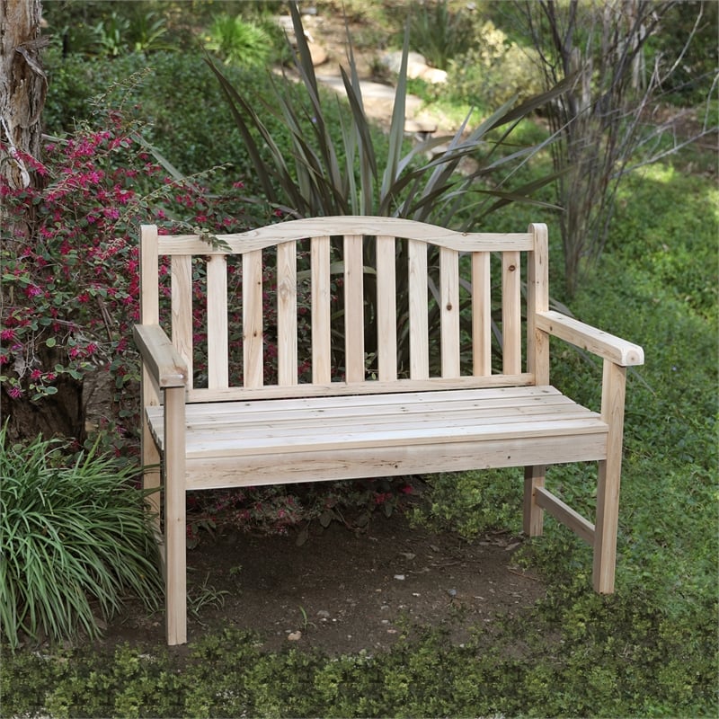 Pemberly Row Traditional Cedar Wood Patio Porch Garden Bench in Beige