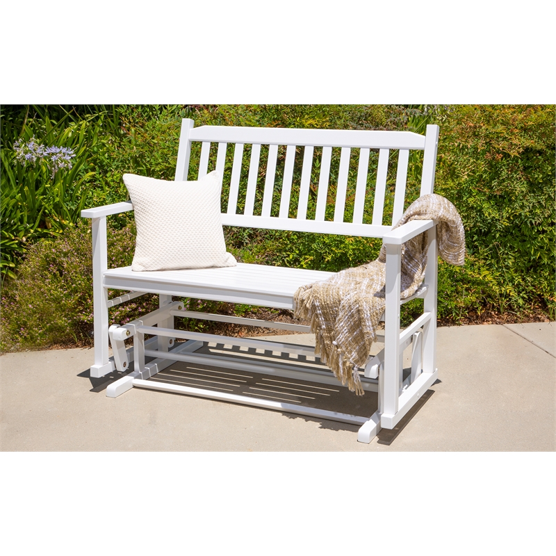 Pemberly Row Traditional Hardwood Outdoor Glider Loveseat in White Finish