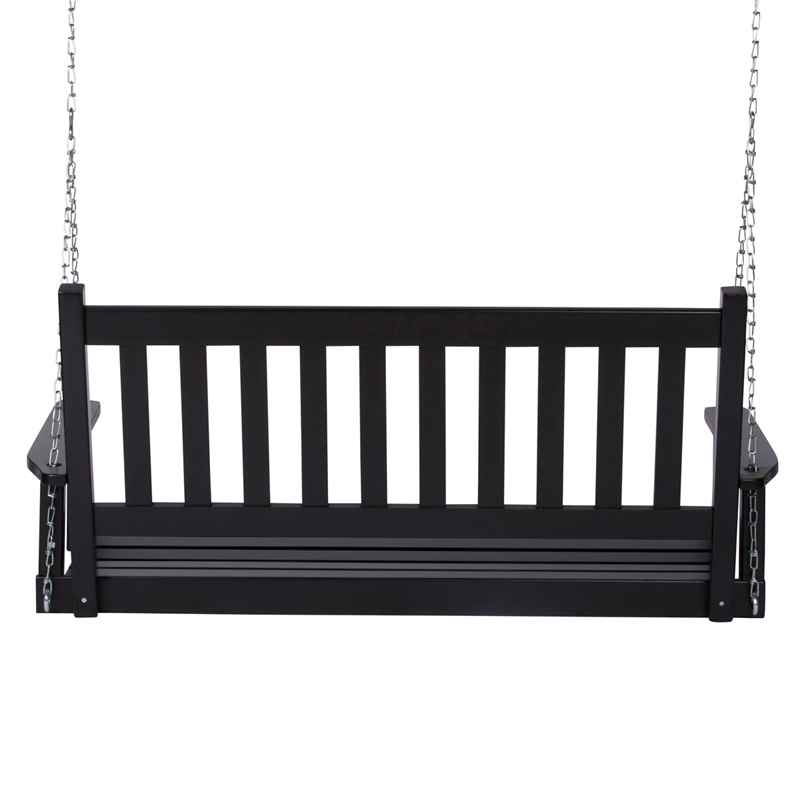 Pemberly Row Hardwood Patio Porch Swing with Hanging Chains in Black