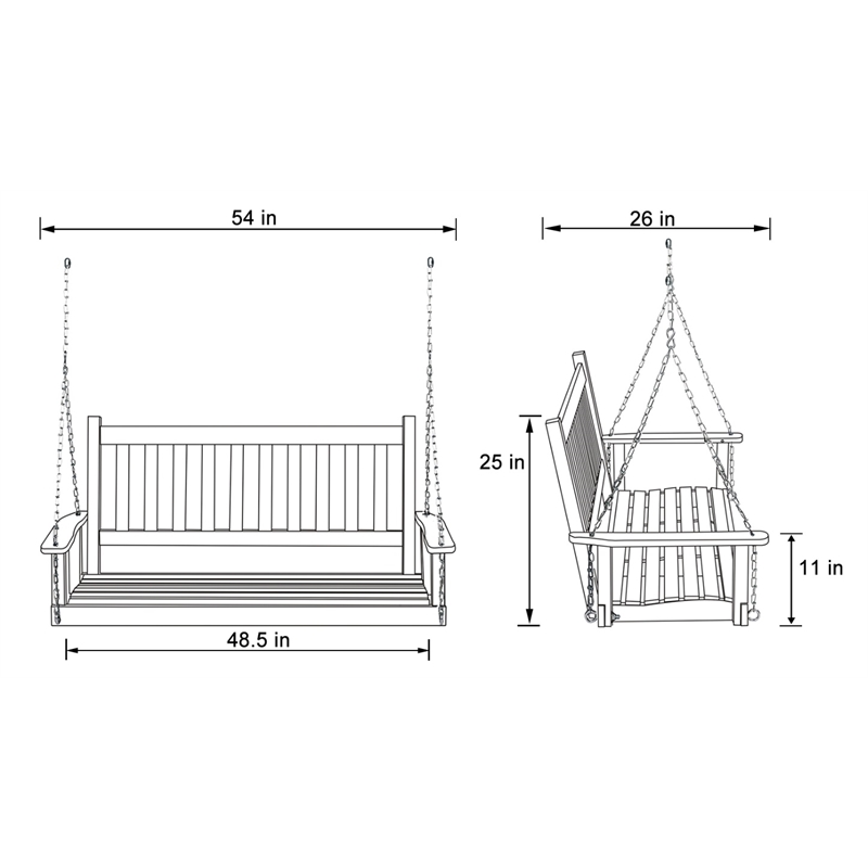 Pemberly Row Hardwood Patio Porch Swing with Hanging Chains in Black