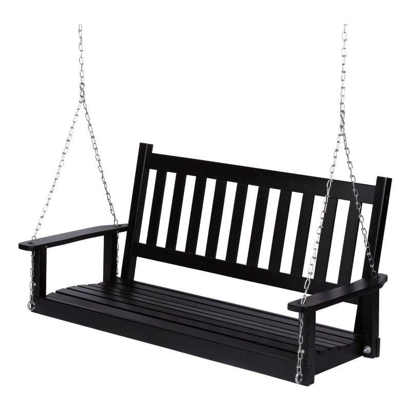 Pemberly Row Hardwood Patio Porch Swing with Hanging Chains in Black