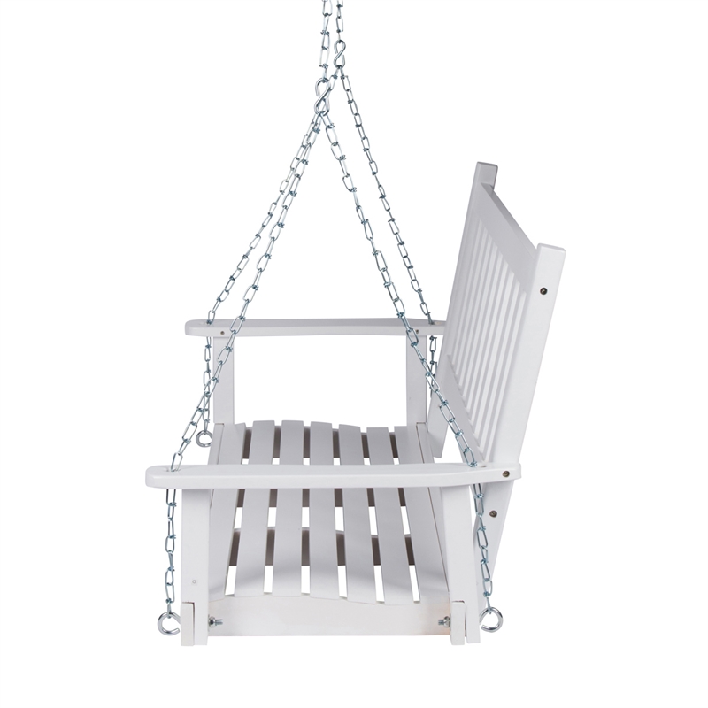 Pemberly Row Hardwood Patio Porch Swing with Hanging Chains in White