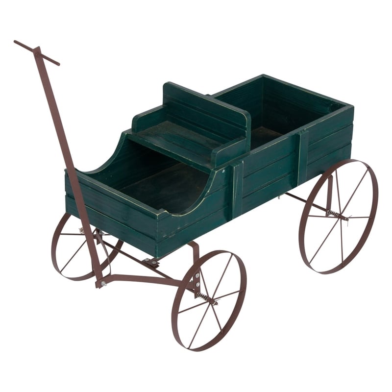 Pemberly Row Small Cedar Wood Decorative Buckboard Wagon Planter in Green