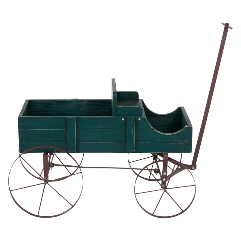 Pemberly Row Small Cedar Wood Decorative Buckboard Wagon Planter in Green