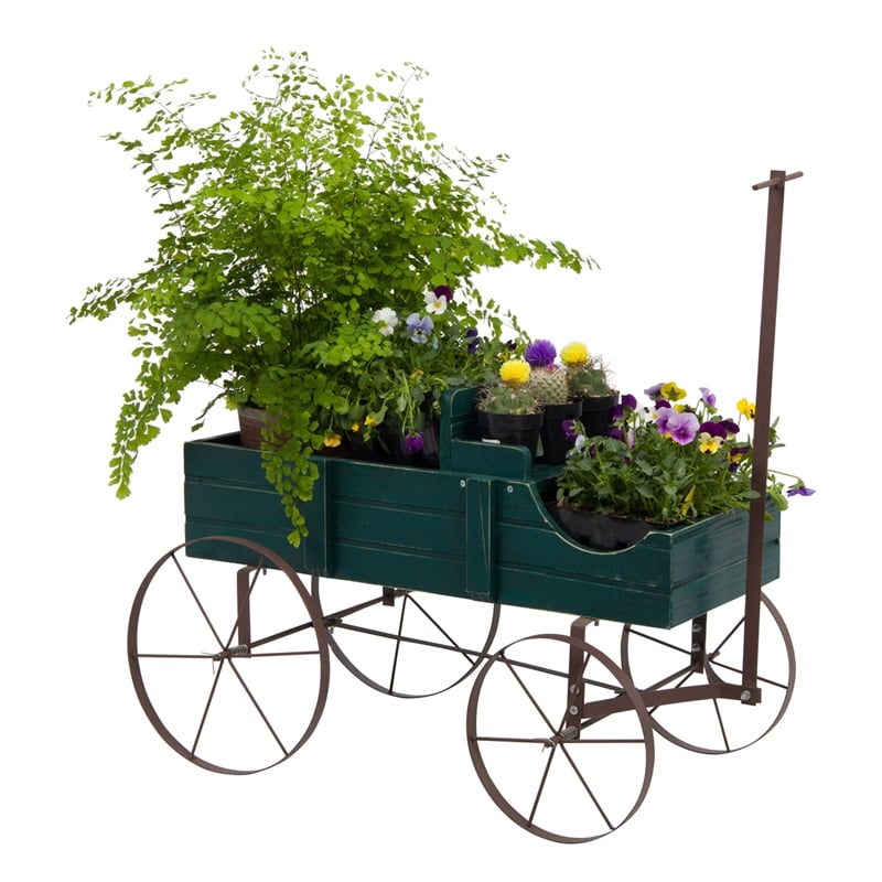 Pemberly Row Small Cedar Wood Decorative Buckboard Wagon Planter in Green