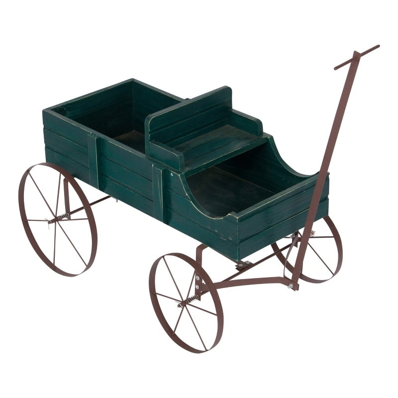 Pemberly Row Small Cedar Wood Decorative Buckboard Wagon Planter in Green