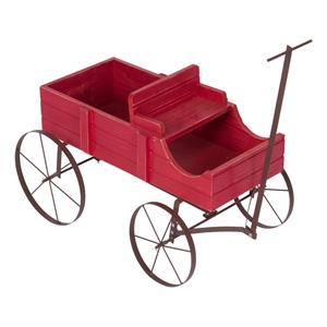 Pemberly Row Small Cedar Wood Decorative Buckboard Wagon Planter in Red