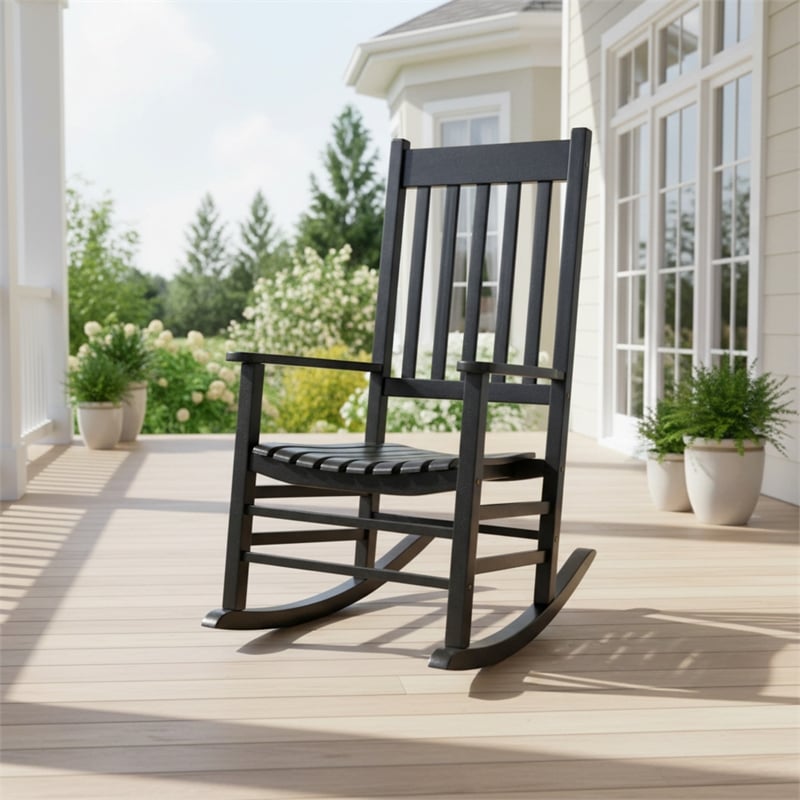Pemberly Row Outdoor Acacia Wood Rocking Chair with Slatted Back in Black