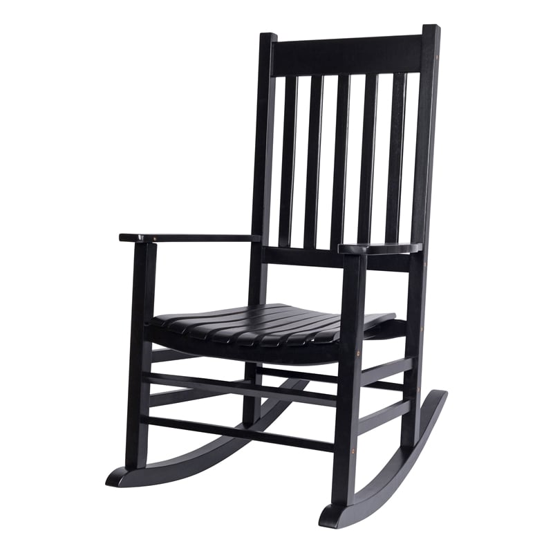 Pemberly Row Outdoor Acacia Wood Rocking Chair with Slatted Back in Black