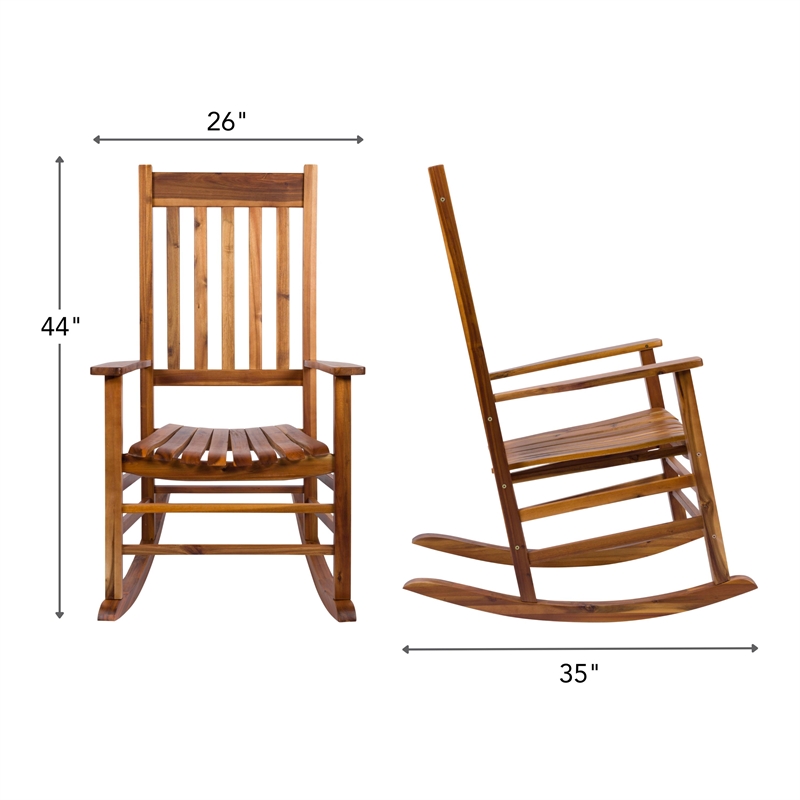Pemberly Row Outdoor Acacia Wood Rocking Chair with Slatted Back in Oak