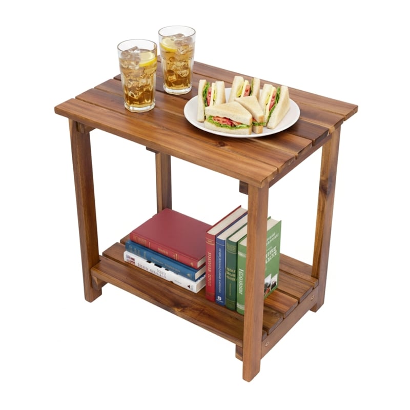 Pemberly Row Outdoor 2-Tier Acacia Wood Accent Patio Side Table in Oak