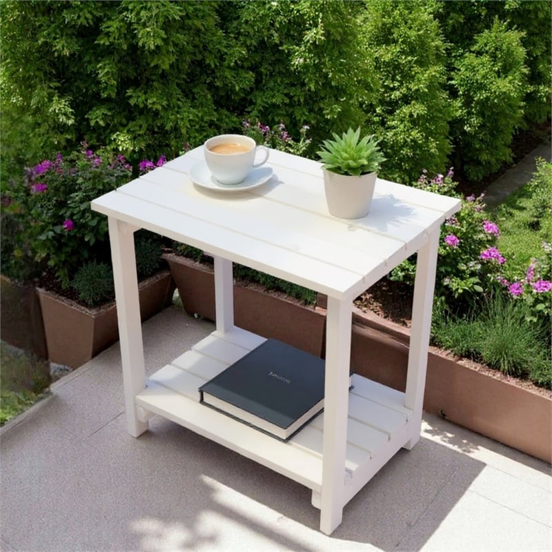 Pemberly Row Outdoor 2-Tier Acacia Wood Accent Patio Side Table in White
