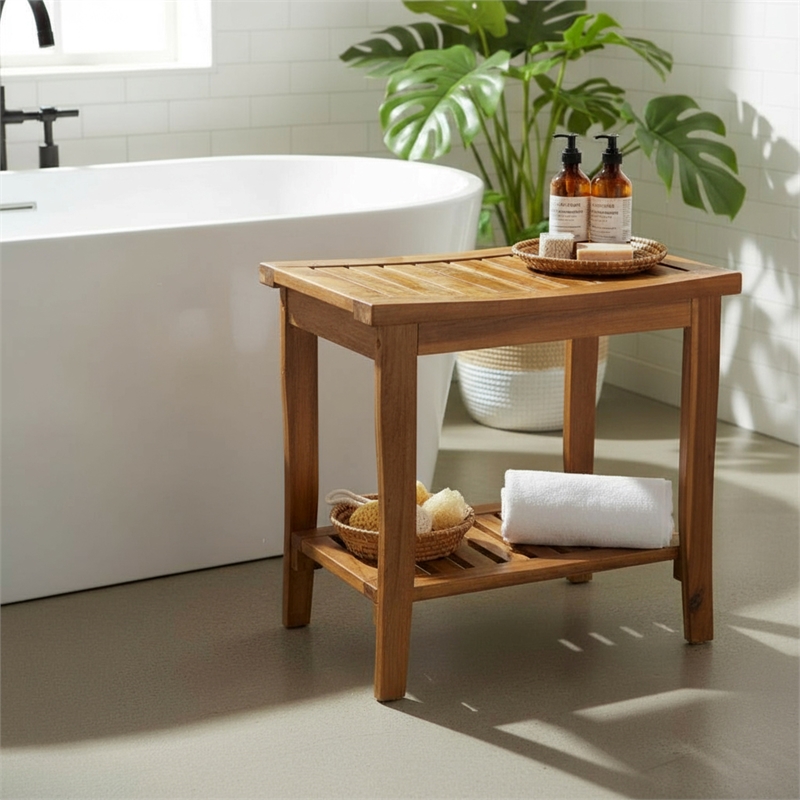 Pemberly Row Wood 2-Tier Shower Bench Spa Stool with Storage & Non-Skid Feet Oak