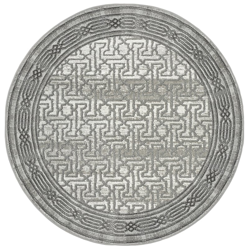 Pemberly Row Polyester Transitional BordeRed Gray 8' Round Area Rug