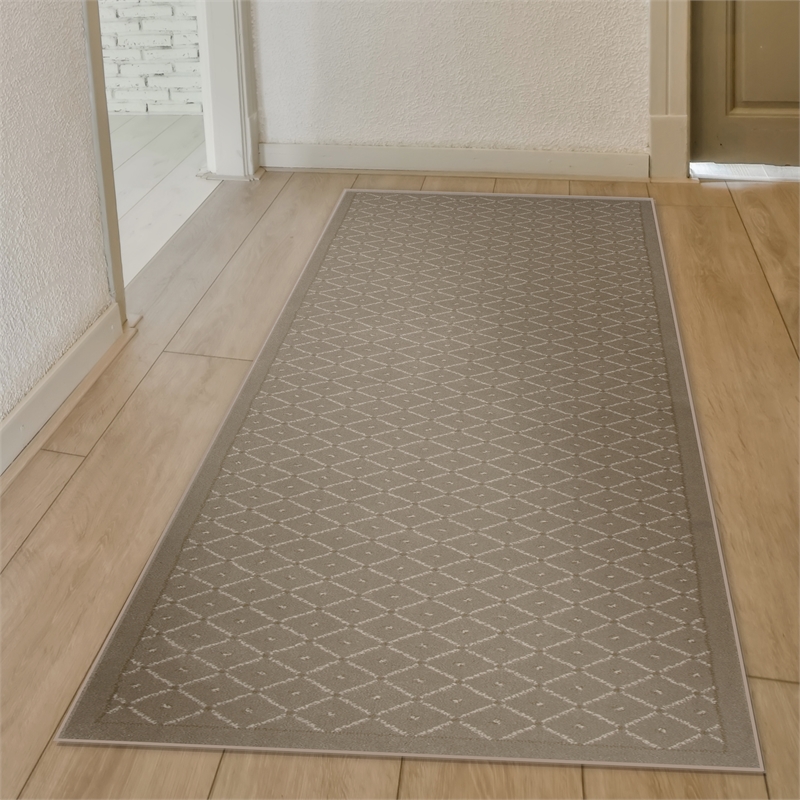 Pemberly Row Transitional Geometric 2'2 x 7'7 Polypropylene Area Rug in Beige