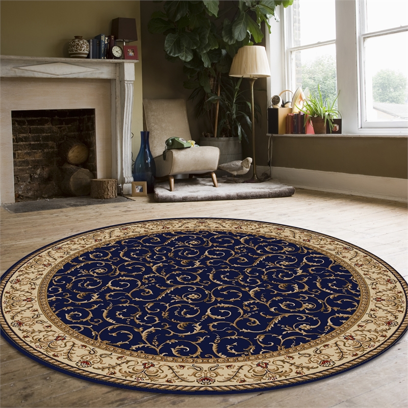 Pemberly Row Traditional 8' x 8' Circular Fabric Rug in Blue
