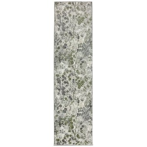 Pemberly Row Polyester Transitional Floral Green Runner Area Rug