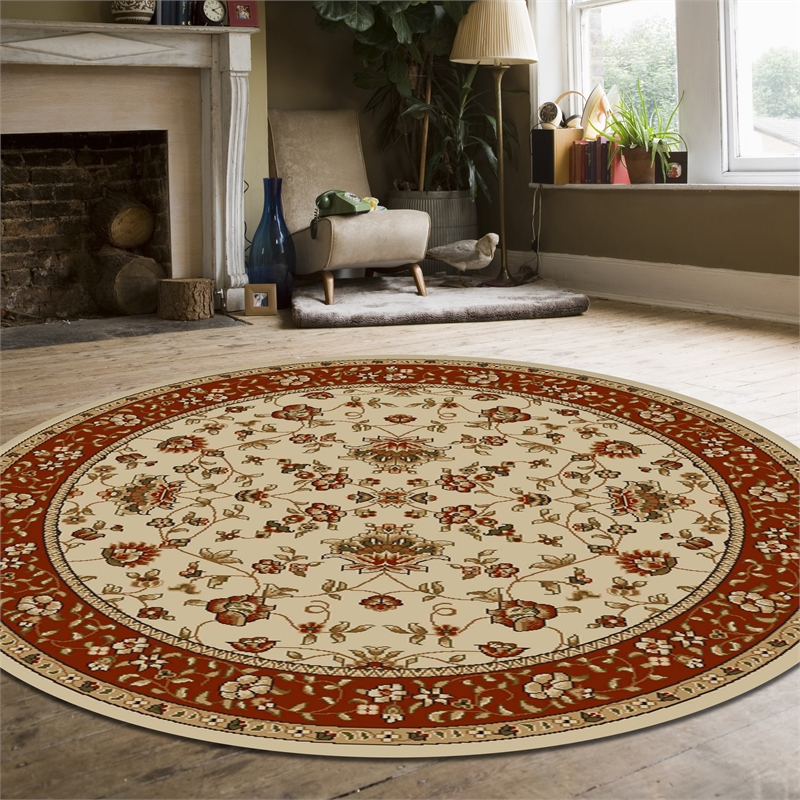 Pemberly Row Traditional 8' x 8' Circular Fabric Rug in Ivory