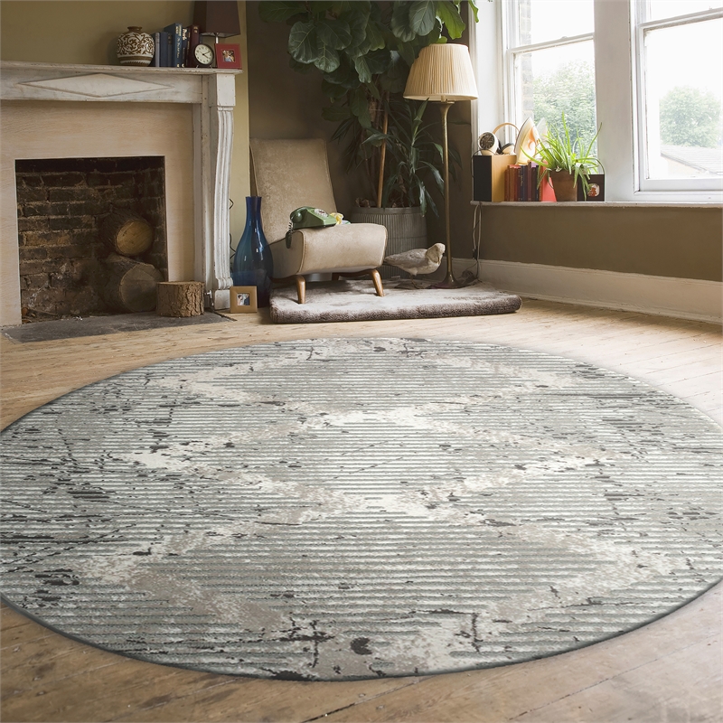 Pemberly Row Polyester Transitional Geometric Gray 5' Round Area Rug