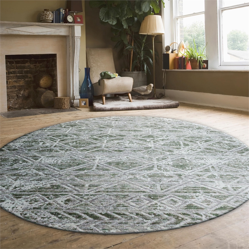 Pemberly Row Polyester Transitional Geometric Green 5' Round Area Rug