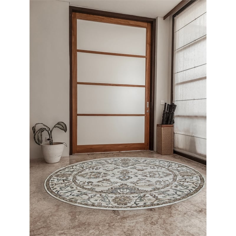 Pemberly Row 5'3 Round Traditional Oriental Vintage Area Rug in Bone Ivory