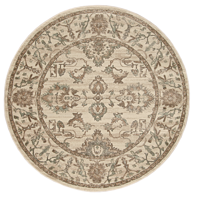 Pemberly Row 5'3 Round Traditional Oriental Vintage Area Rug in Bone Ivory