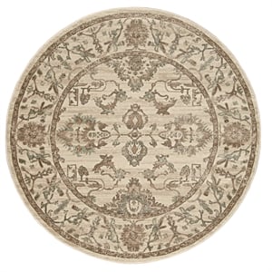 Pemberly Row 5'3 Round Traditional Oriental Vintage Area Rug in Bone Ivory