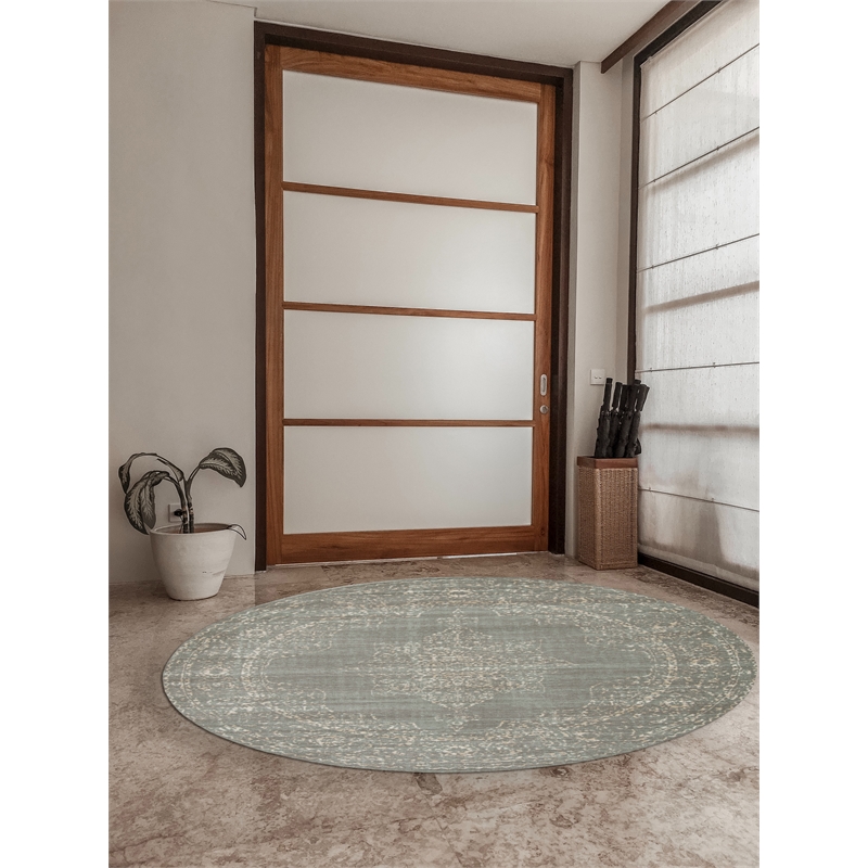 Pemberly Row 5'3 Round Traditional Oriental Vintage Area Rug in Gray