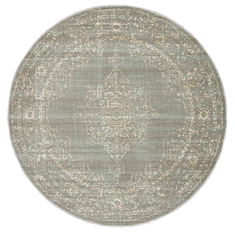 Pemberly Row 5'3 Round Traditional Oriental Vintage Area Rug in Gray