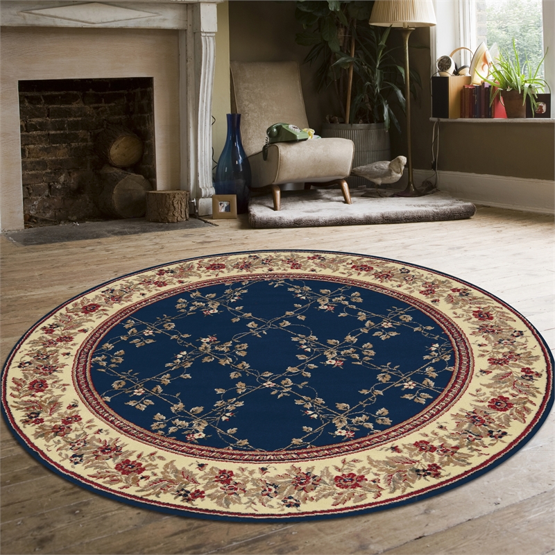 Pemberly Row Traditional 8' x 8' Circular Fabric Rug in Navy