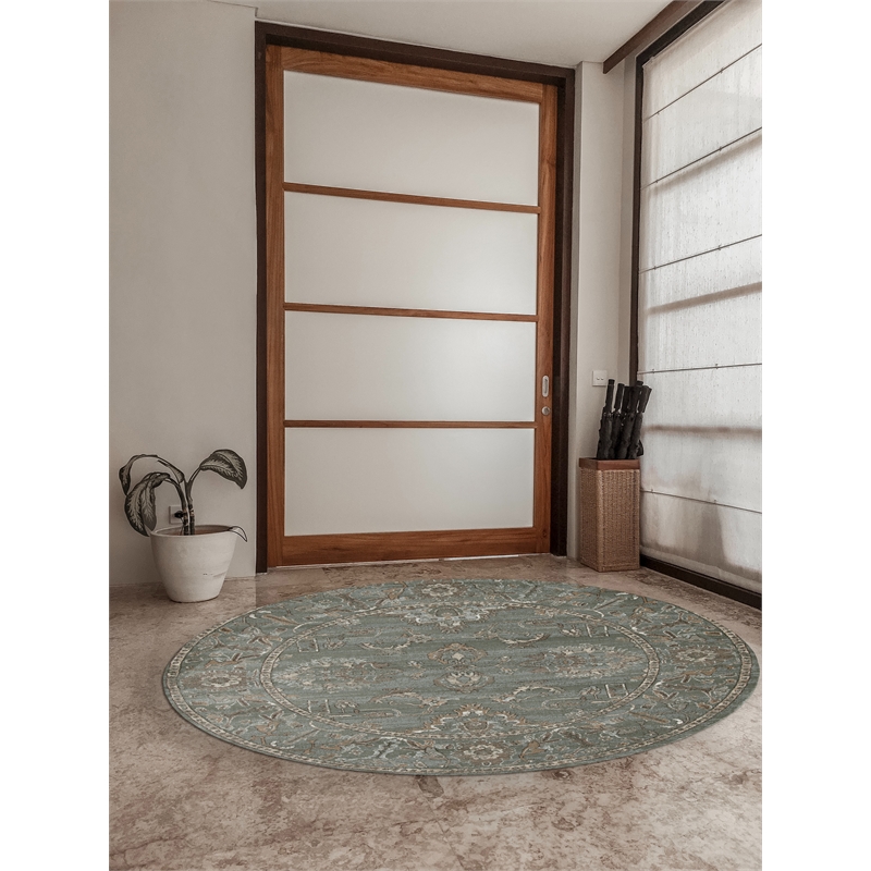 Pemberly Row 5'3 Round Traditional Oriental Vintage Area Rug in Green