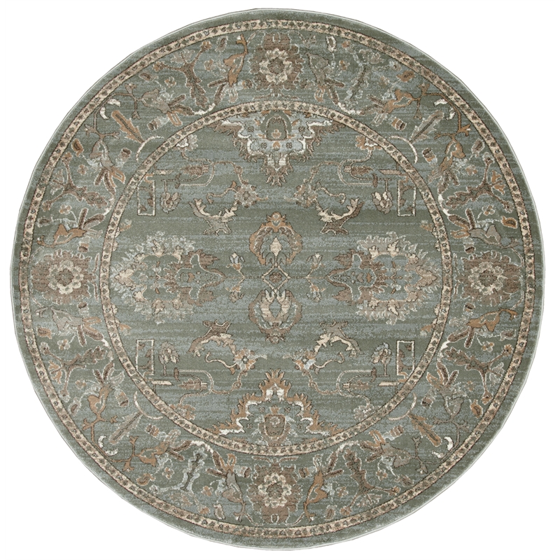 Pemberly Row 5'3 Round Traditional Oriental Vintage Area Rug in Green