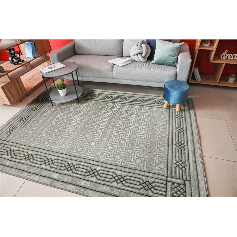 Pemberly Row Polyester Transitional BordeRed Green 5x8 Area Rug