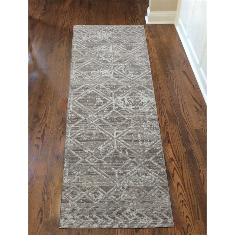 Pemberly Row Polyester Transitional Geometric Beige Runner Area Rug
