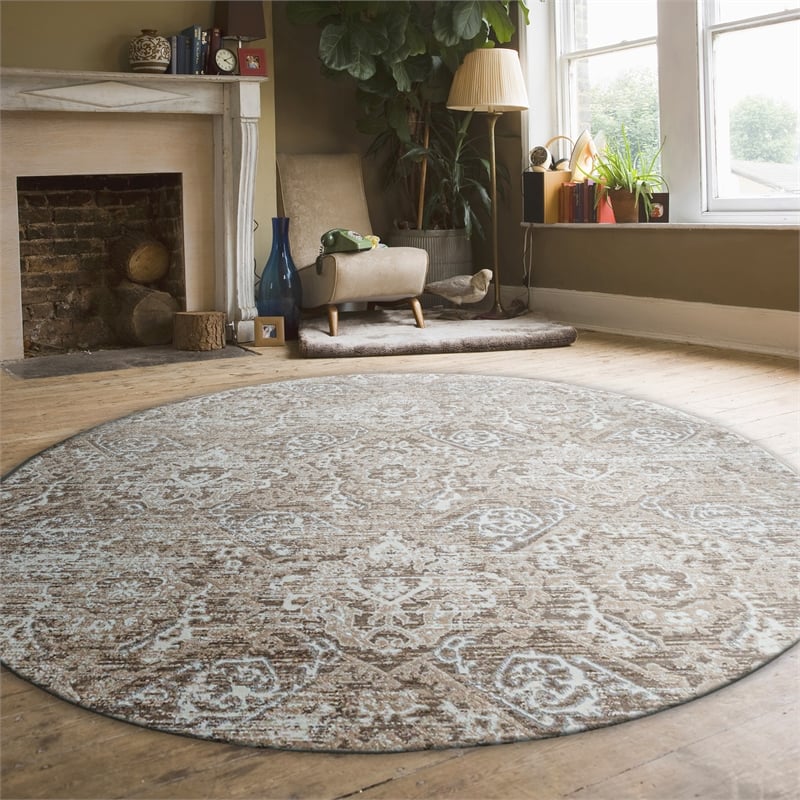 Pemberly Row Polyester Transitional Abstract Beige 5' Round Area Rug
