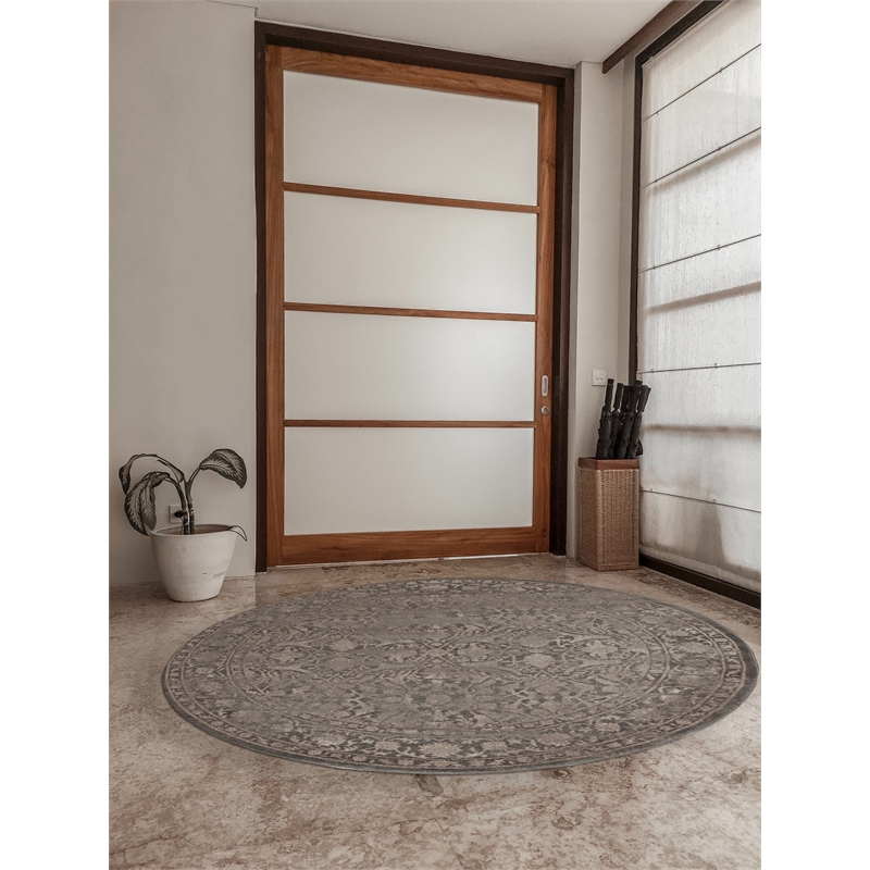 Pemberly Row 5'3 Round Traditional Oriental Vintage Area Rug in Light Brown