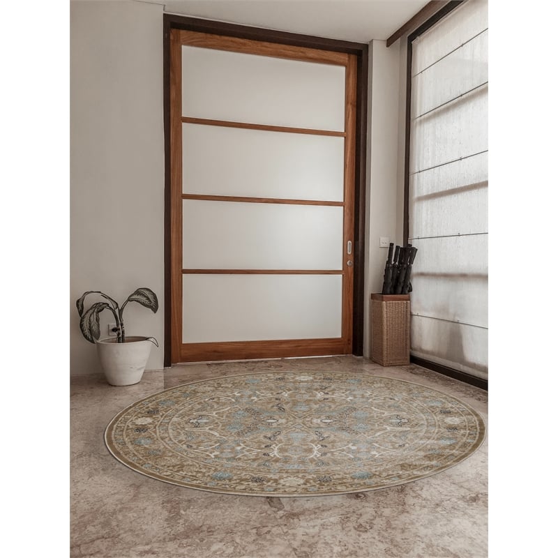 Pemberly Row 5'3 Round Traditional Oriental Vintage Area Rug in Beige