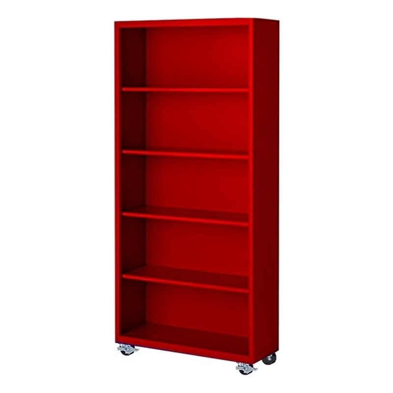 Pemberly Row Modern Industrial Office Mobile Bookcase in Red