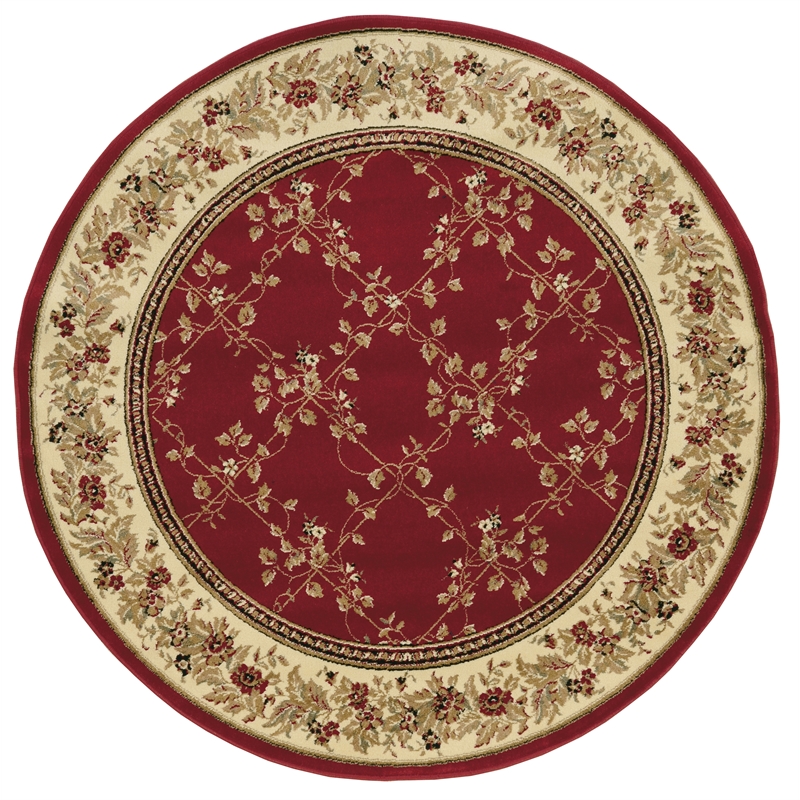 Pemberly Row Traditional 8' x 8' Floral Trellis Circular Fabric Rug in Red