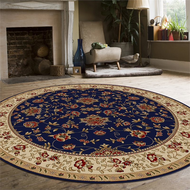 Pemberly Row Traditional 8' x 8' Circular Fabric Rug in Blue