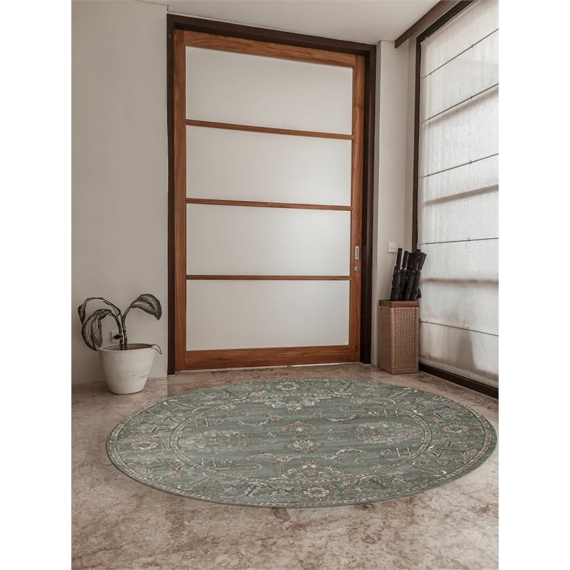 Pemberly Row 5'3 Round Traditional Oriental Vintage Area Rug in Gray