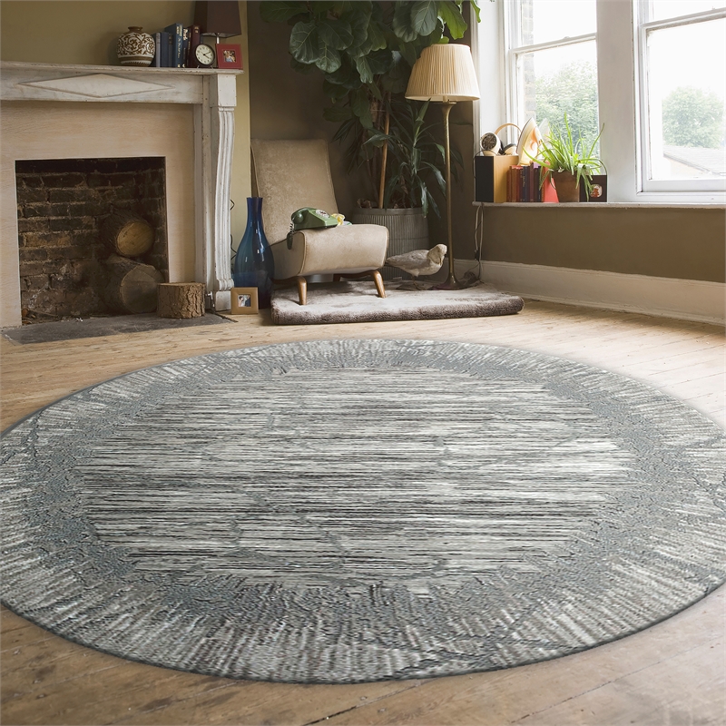 Pemberly Row Polyester Transitional Crackled Gray 5' Round Area Rug