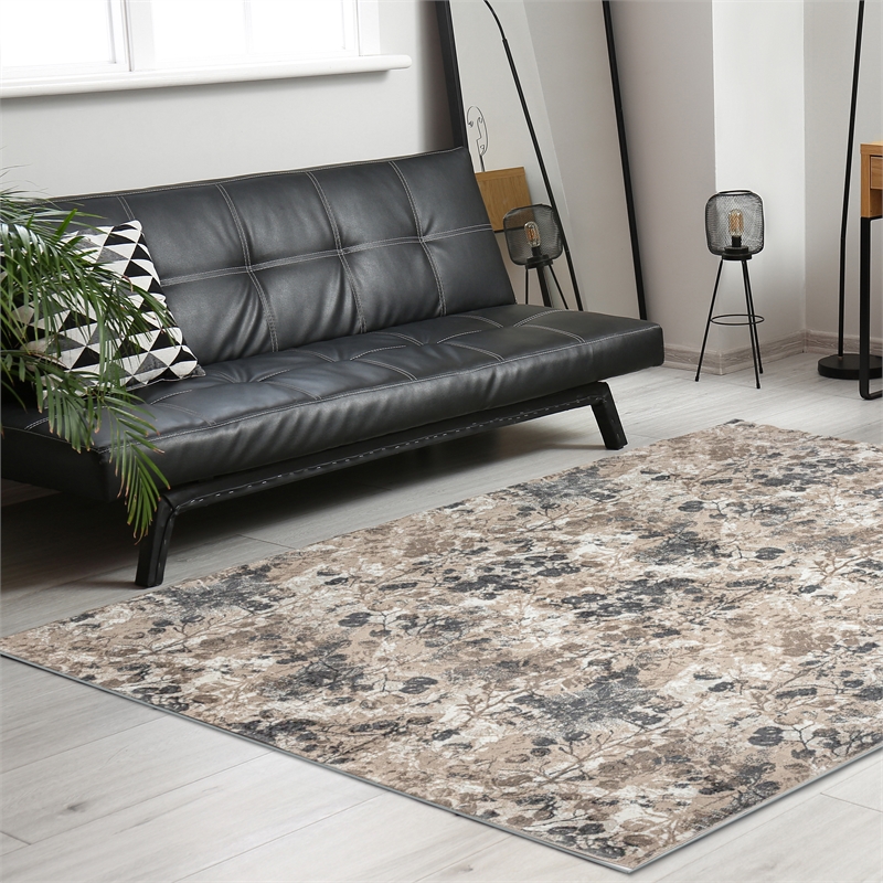 Pemberly Row Polyester Transitional Floral Gray 8x10 Area Rug