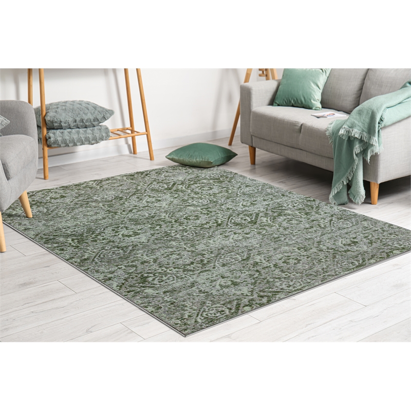 Pemberly Row Polyester Transitional Abstract Green 3x5 Area Rug